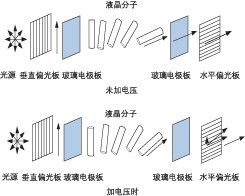 液晶 VOA 加電前后分子排列對比，展示偏振調(diào)控原理